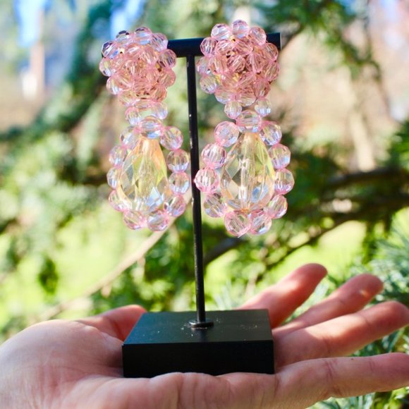 New Clear Crystal Acrylic Dangle Drop Earrings Pink Big Dangle Fresh Spring - Picture 8 of 13